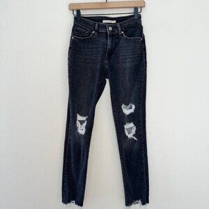 Levi's 721 Black Wash Denim Distressed Raw Hem High Rise Skinny Jeans size 25